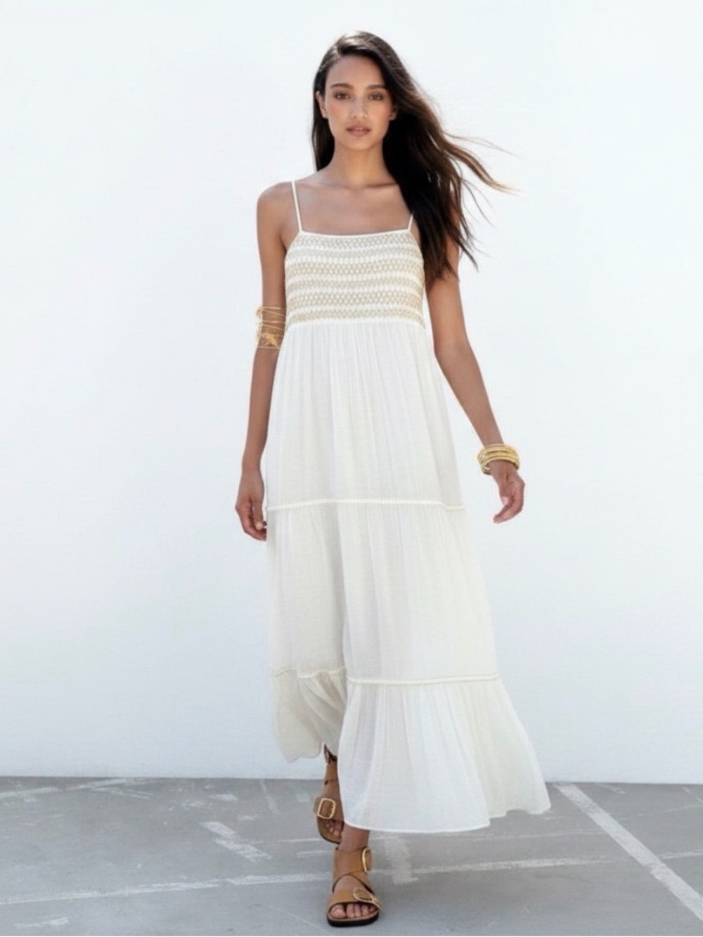 Zara white and Ivory Smocked Bodice midi Dress size small
